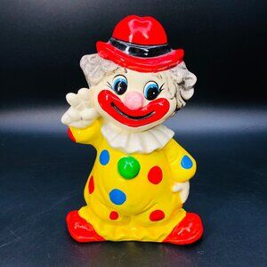 Vintage Polka Dots Circus Clown Peace Sign Piggy Coin Bank Retro Kitsch Figurine